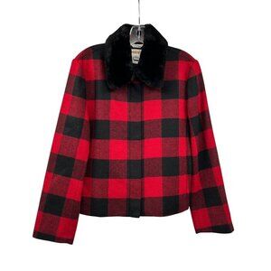 Talbots Vintage Checkered Jacket Wool Blend Faux Fur Collar Red/Black Sz10 Zip